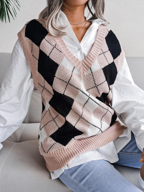 Women’s diamond V-neck casual loose knit vest sweater - Pink / S