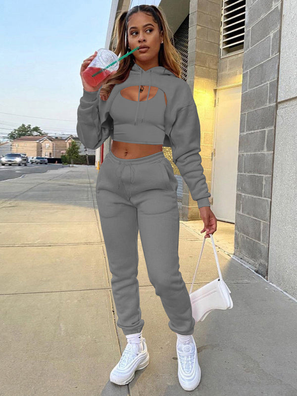 Women’s Drawstring Solid Color Hoodie Long Sleeve Drawstring Trousers Vest Three-Piece Suit - Charcoal grey / S