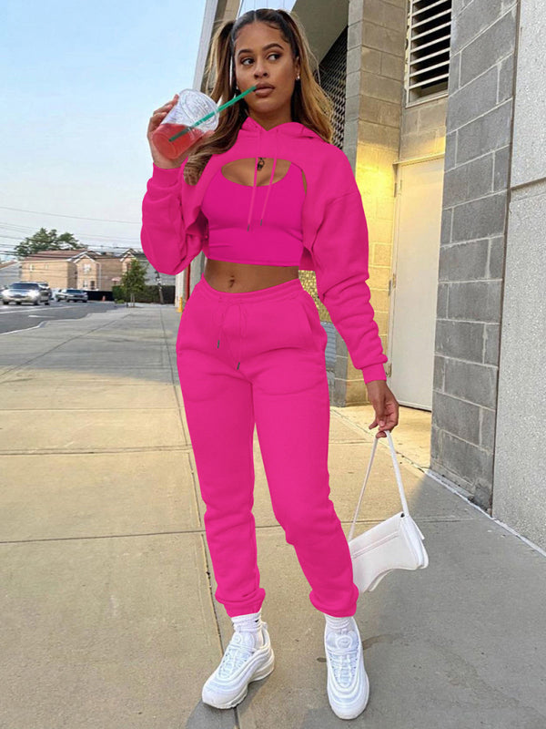 Women’s Drawstring Solid Color Hoodie Long Sleeve Drawstring Trousers Vest Three-Piece Suit