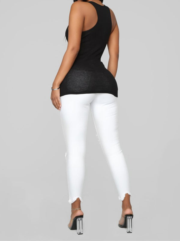 Women’s elastic ripped solid color denim long trousers