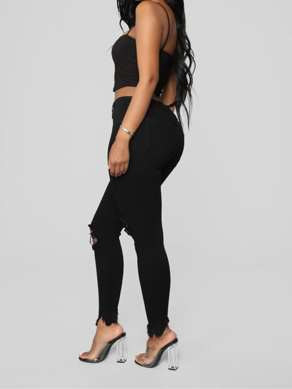 Women’s elastic ripped solid color denim long trousers