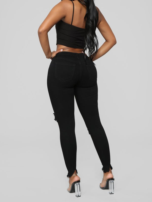Women’s elastic ripped solid color denim long trousers