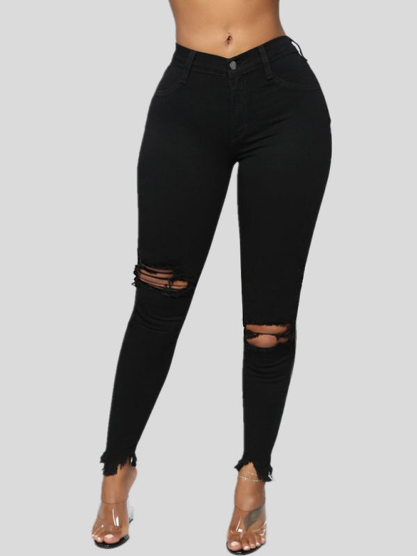 Women’s elastic ripped solid color denim long trousers - Black / S