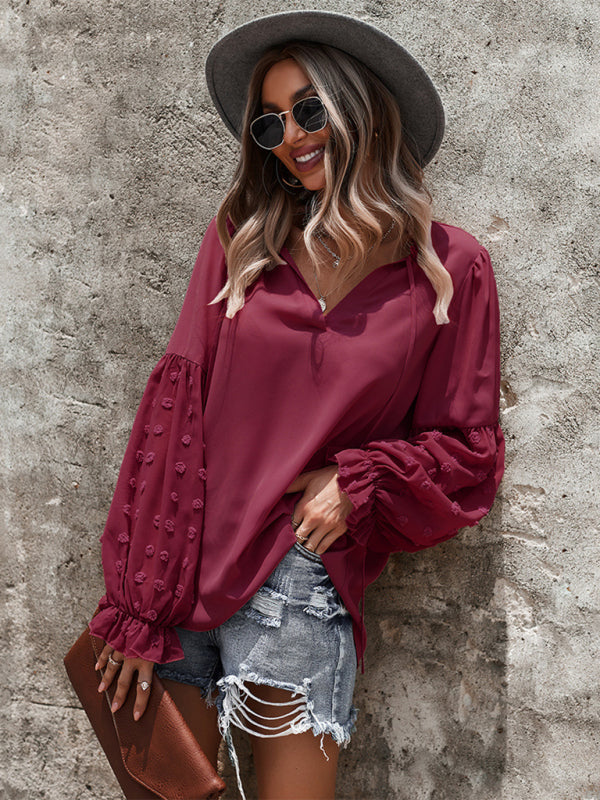 Women’s Elegant Lace Stand Collar Puff Sleeve Shirt