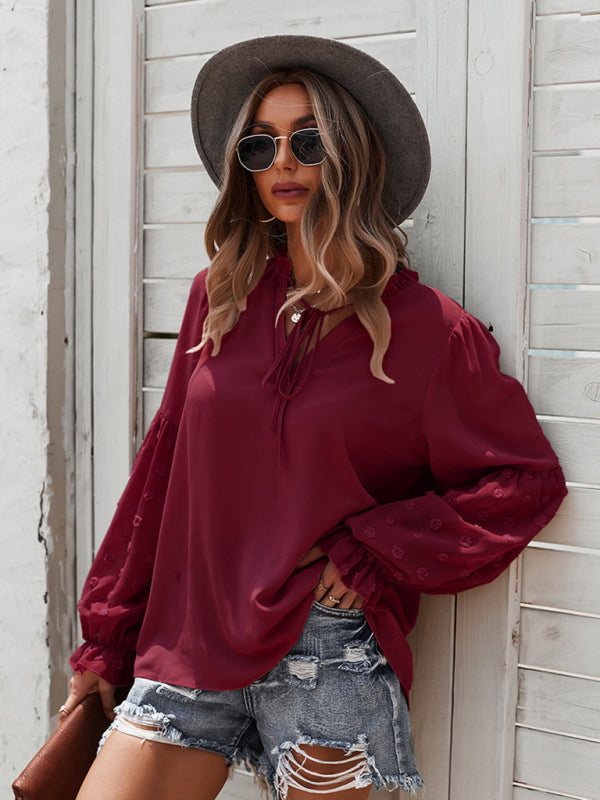 Women’s Elegant Lace Stand Collar Puff Sleeve Shirt
