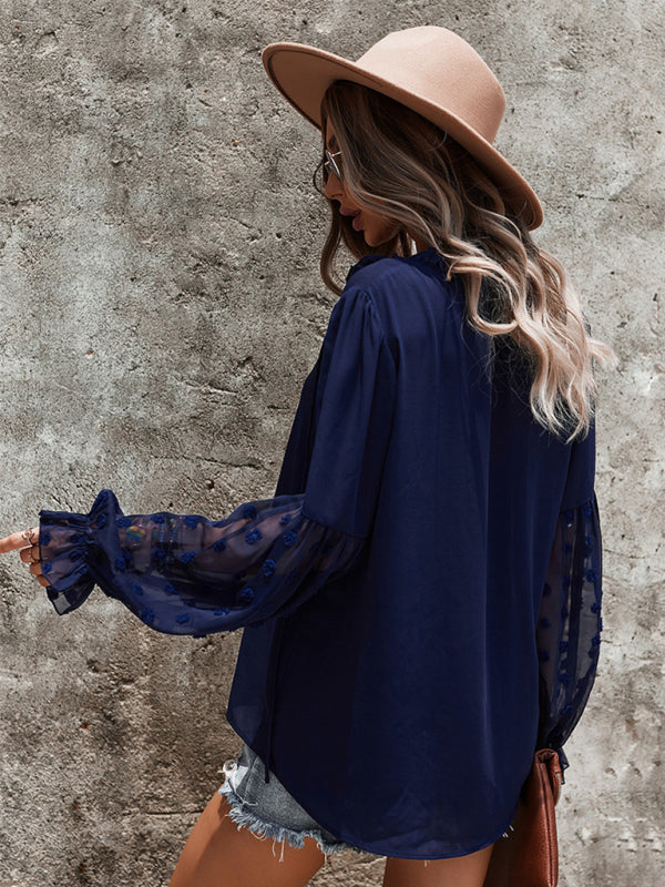 Women’s Elegant Lace Stand Collar Puff Sleeve Shirt