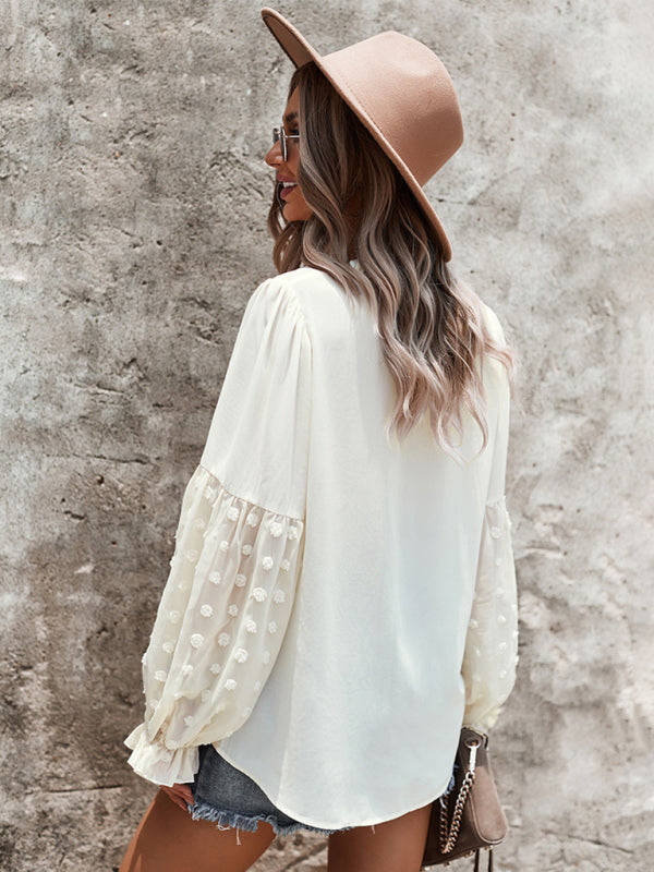 Women’s Elegant Lace Stand Collar Puff Sleeve Shirt