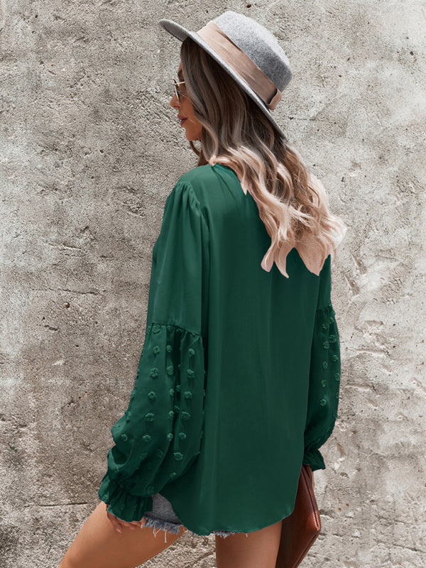 Women’s Elegant Lace Stand Collar Puff Sleeve Shirt