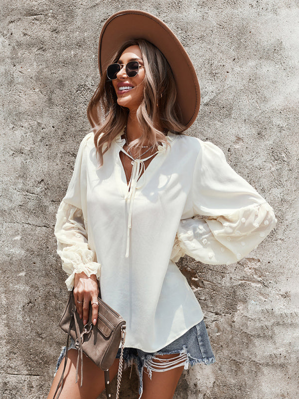 Women’s Elegant Lace Stand Collar Puff Sleeve Shirt