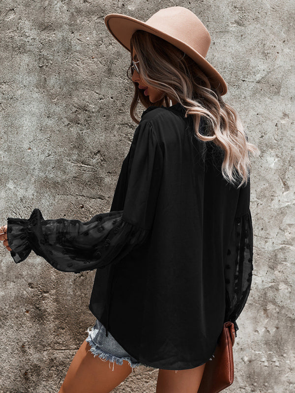 Women’s Elegant Lace Stand Collar Puff Sleeve Shirt