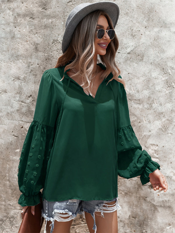 Women’s Elegant Lace Stand Collar Puff Sleeve Shirt