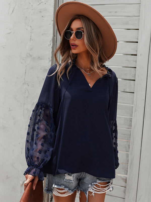 Women’s Elegant Lace Stand Collar Puff Sleeve Shirt - Champlain color / S