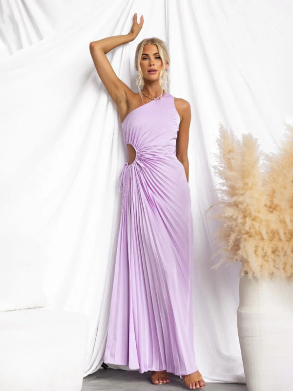 Women’s Elegant Pleated Dress One Shoulder Waist Hollow Dress