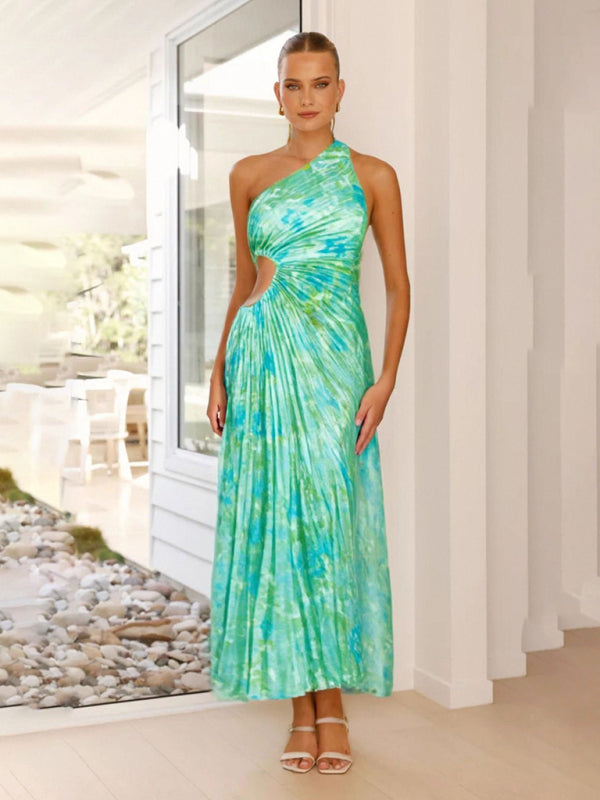 Women’s Elegant Pleated Dress One Shoulder Waist Hollow Dress