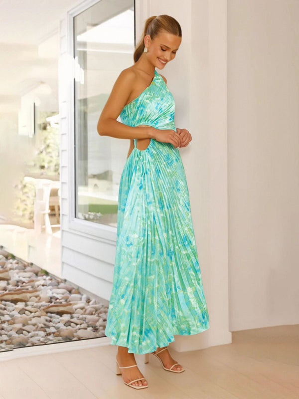 Women’s Elegant Pleated Dress One Shoulder Waist Hollow Dress