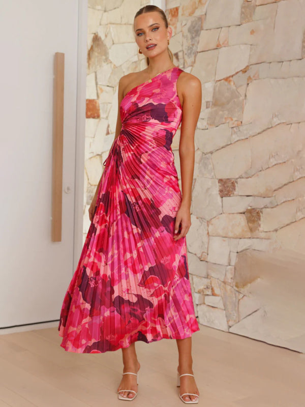 Women’s Elegant Pleated Dress One Shoulder Waist Hollow Dress