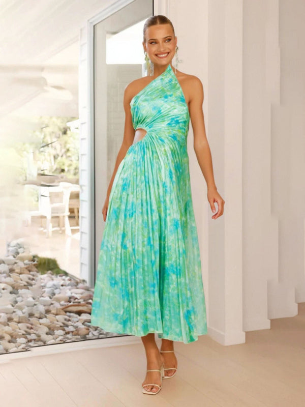 Women’s Elegant Pleated Dress One Shoulder Waist Hollow Dress