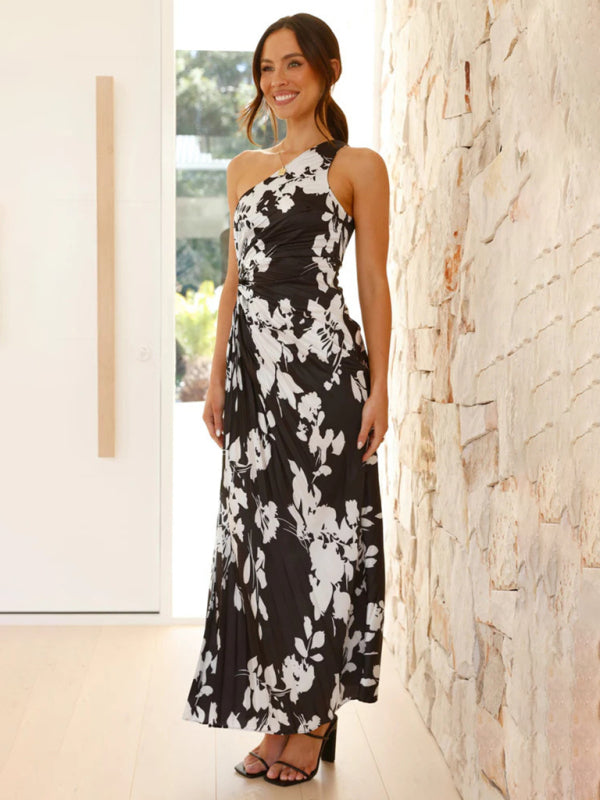 Women’s Elegant Pleated Dress One Shoulder Waist Hollow Dress