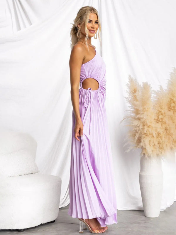 Women’s Elegant Pleated Dress One Shoulder Waist Hollow Dress