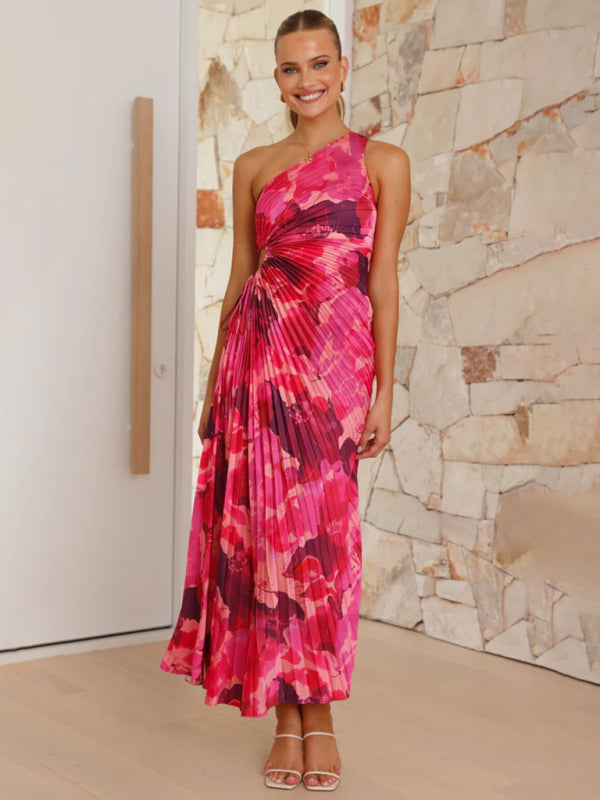 Women’s Elegant Pleated Dress One Shoulder Waist Hollow Dress