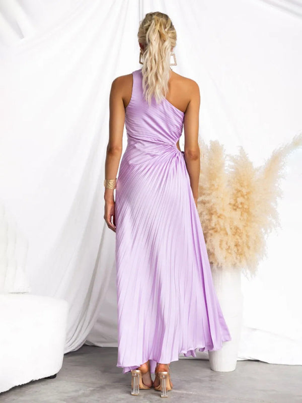 Women’s Elegant Pleated Dress One Shoulder Waist Hollow Dress
