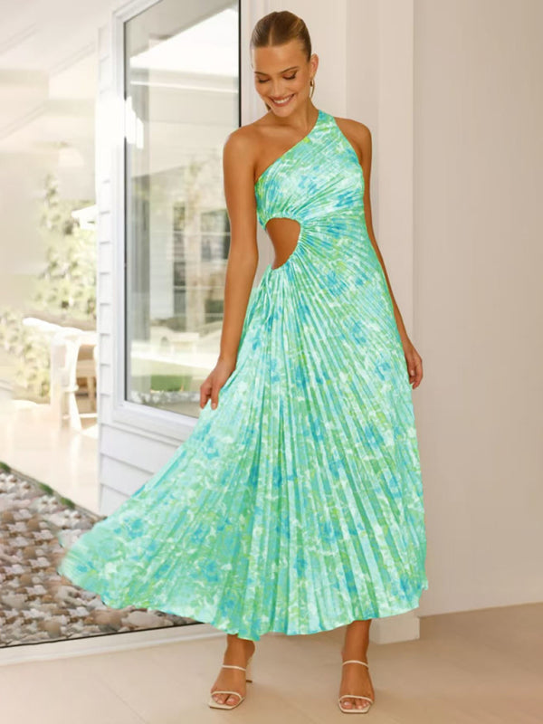 Women’s Elegant Pleated Dress One Shoulder Waist Hollow Dress - Green / S