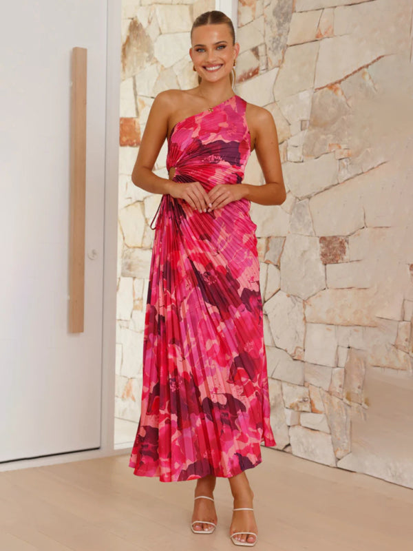 Women’s Elegant Pleated Dress One Shoulder Waist Hollow Dress - Red / S