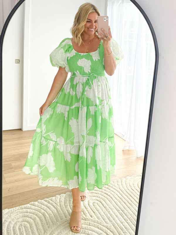 Women’s Elegant Printed One Shoulder Puff Sleeve Fashion Dress