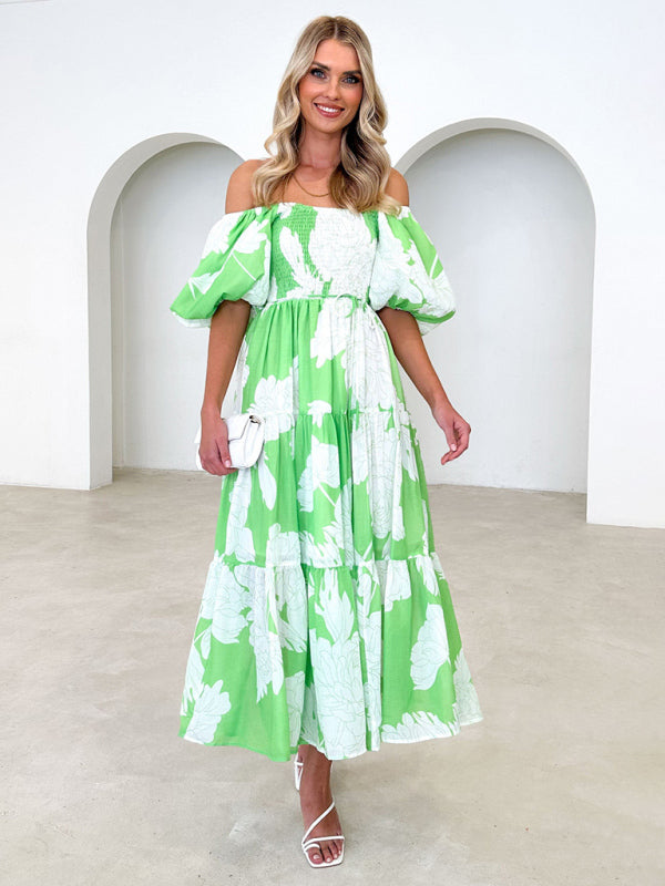 Women’s Elegant Printed One Shoulder Puff Sleeve Fashion Dress