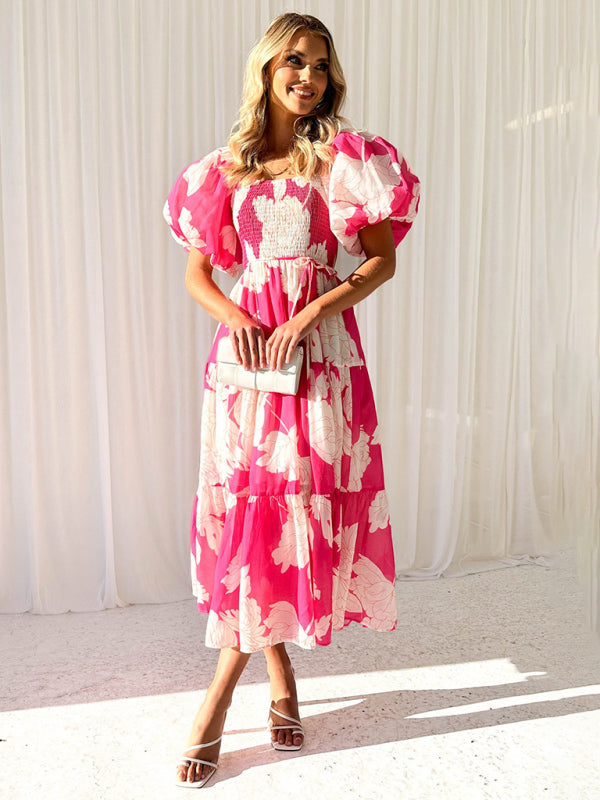 Women’s Elegant Printed One Shoulder Puff Sleeve Fashion Dress