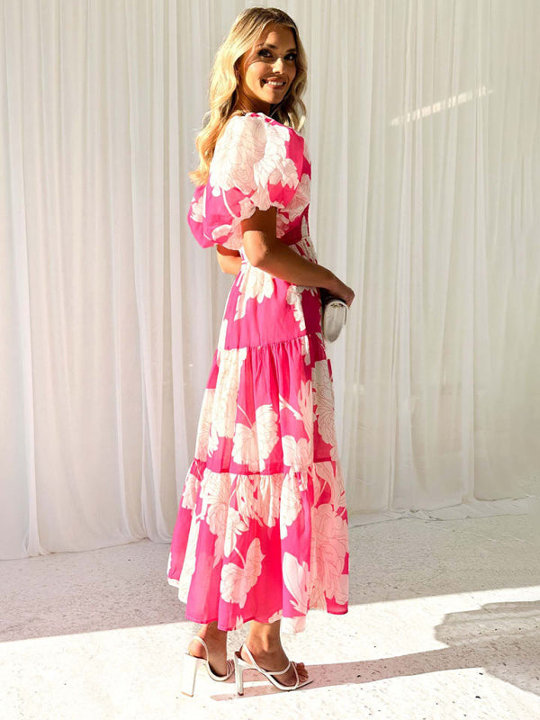 Women’s Elegant Printed One Shoulder Puff Sleeve Fashion Dress