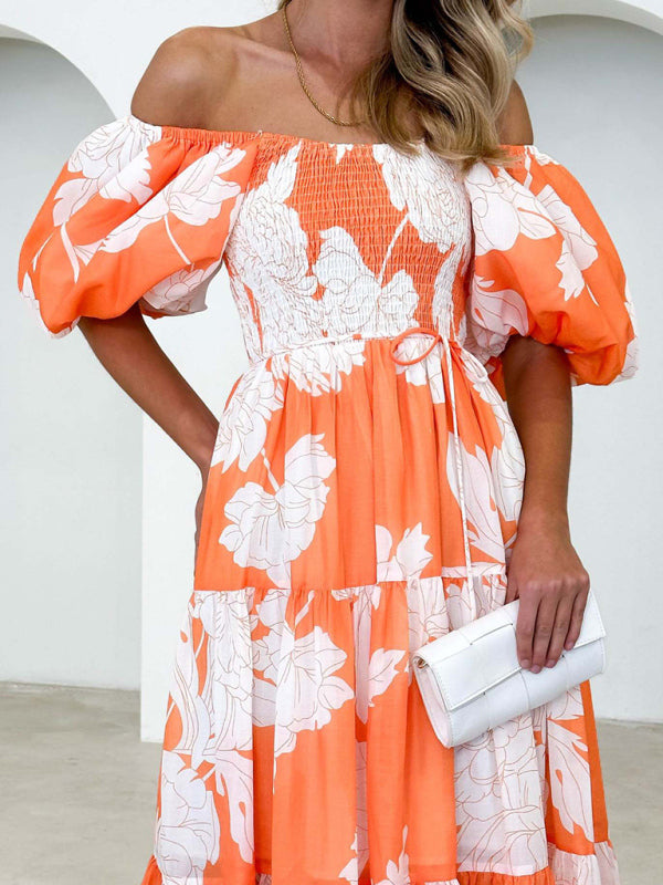 Women’s Elegant Printed One Shoulder Puff Sleeve Fashion Dress