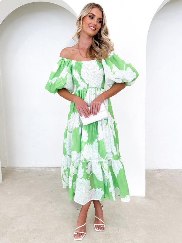 Women’s Elegant Printed One Shoulder Puff Sleeve Fashion Dress