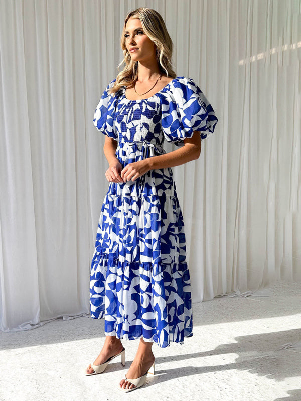Women’s Elegant Printed One Shoulder Puff Sleeve Fashion Dress