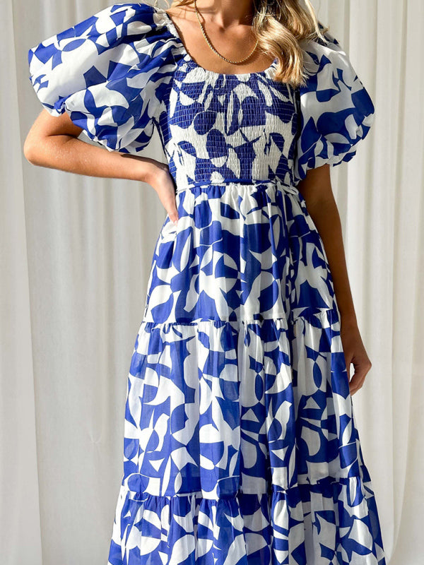 Women’s Elegant Printed One Shoulder Puff Sleeve Fashion Dress