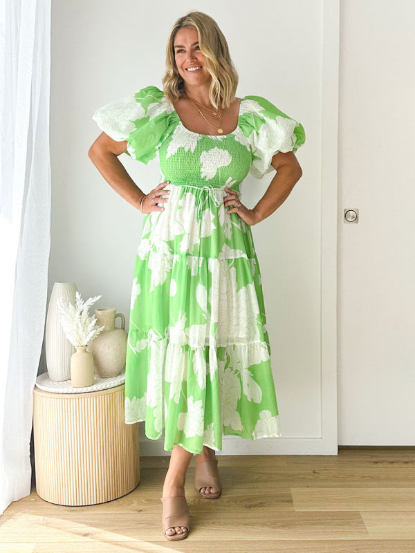 Women’s Elegant Printed One Shoulder Puff Sleeve Fashion Dress - Green / S