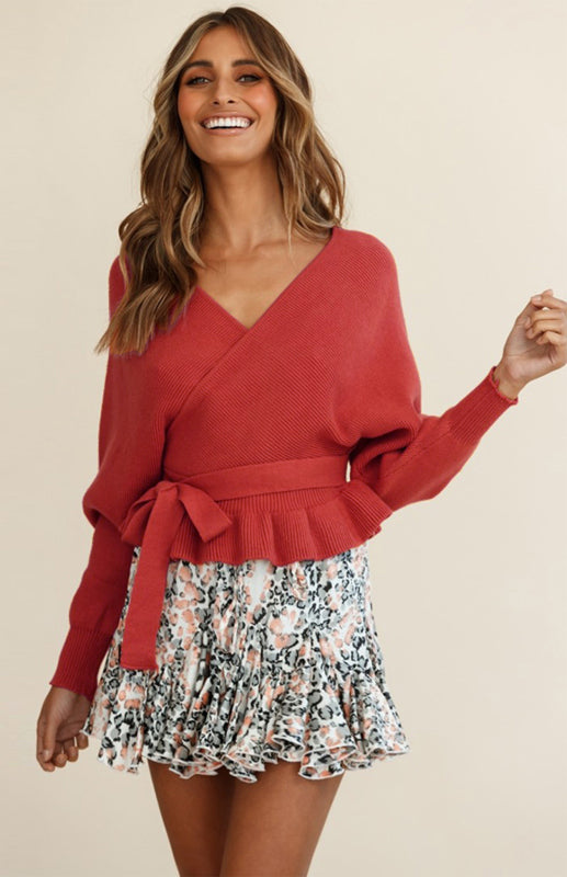 Women’s Fashion Casual Mock Wrap Knit Sweater - Orange Red / S
