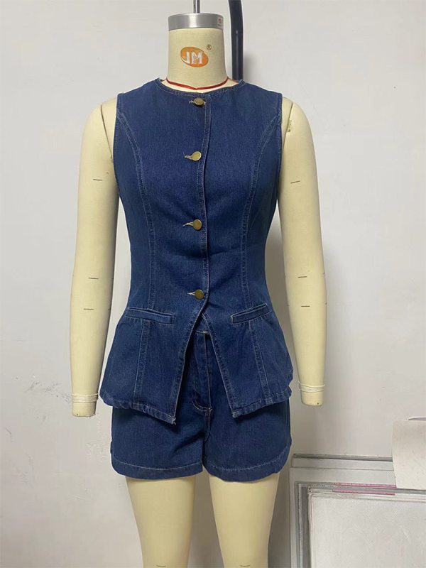 Women’s Fashion Casual Sleeveless High Waist Denim Shorts Set