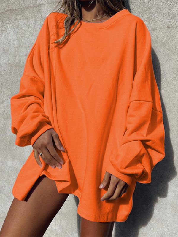 Women’s Fashion Casual Solid Color Loose Long Sleeve Round Neck Long Sweatshirt - Orange / S