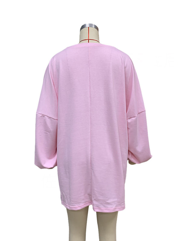 Women’s Fashion Casual Solid Color Loose Long Sleeve Round Neck Long Sweatshirt
