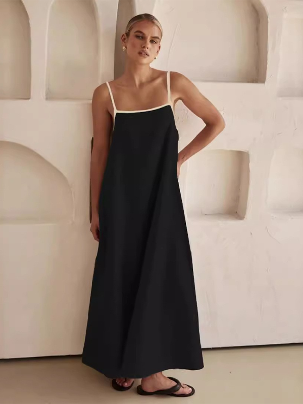 Women’s Fashion Casual Suspender Dress with Pockets - Black / S