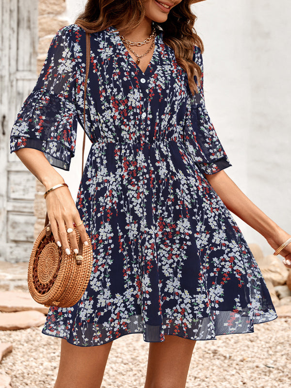 Women’s fashion casual V-neck half-sleeve printed dress for women - Blue / S