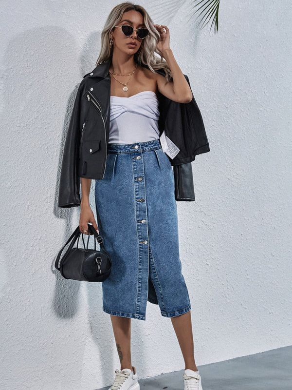 Women’s Fashion High Waist Single Breasted Denim Skirt