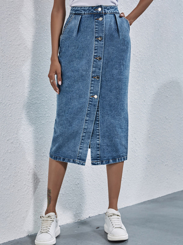 Women’s Fashion High Waist Single Breasted Denim Skirt - Blue / XS