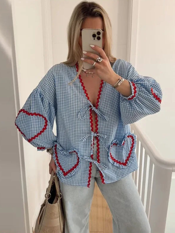 Women’s Fashion Love Pocket Plaid Long Sleeve Shirt - Blue / S