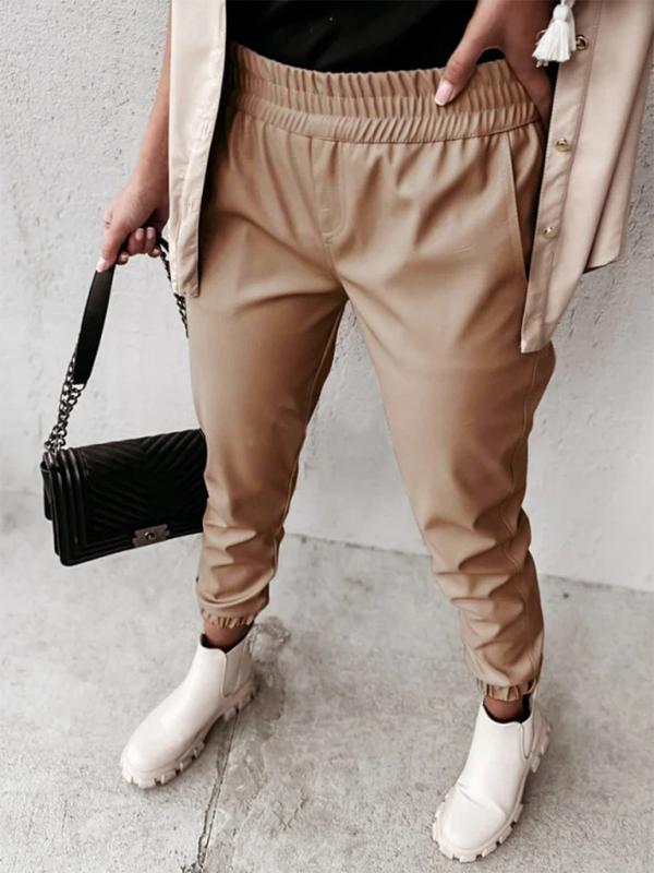 Women’s Fashion Mid Waist Casual Leather Pants
