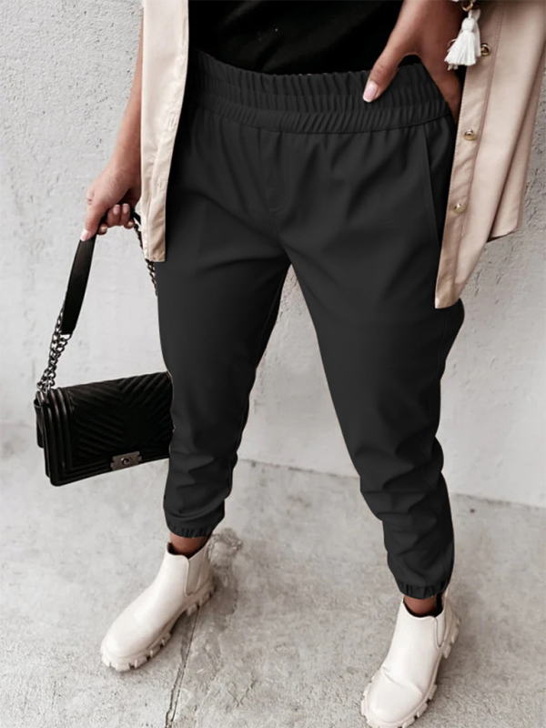 Women’s Fashion Mid Waist Casual Leather Pants - Black / S