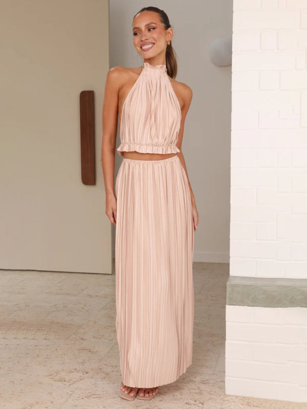 Women’s fashion new hot girl halter neck backless sexy strappy pleated long skirt suit - Lotus root Pink / S