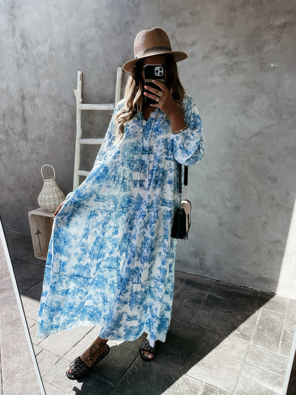 Women’s Fashion Print Ruffle Neck Long Sleeve Resort Dress