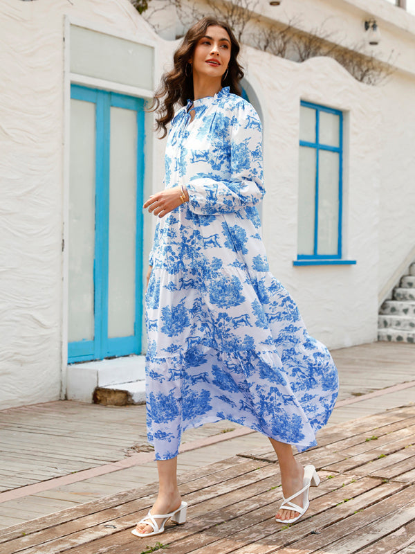 Women’s Fashion Print Ruffle Neck Long Sleeve Resort Dress - Blue / L